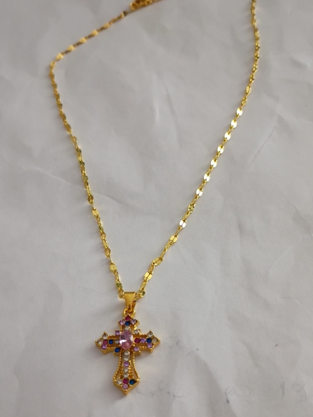 Gold Cross Pendant Necklace with Pink and Multicolor Stones